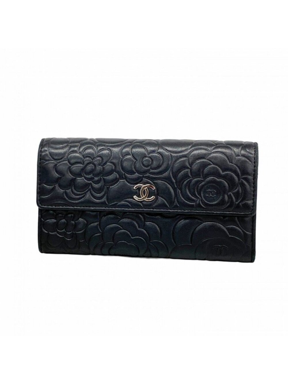 Chanel Wallet Camellia Lambskin Black Silver